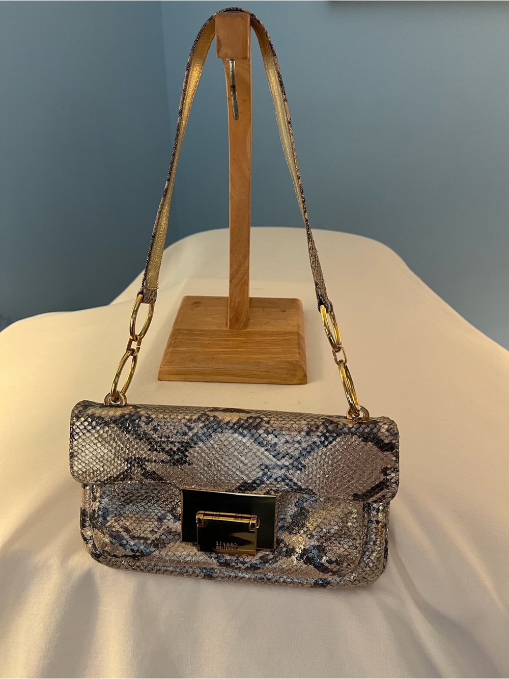 Stuart Weitzman Gray Snake-Print Shoulder Bag with Gold Hardware